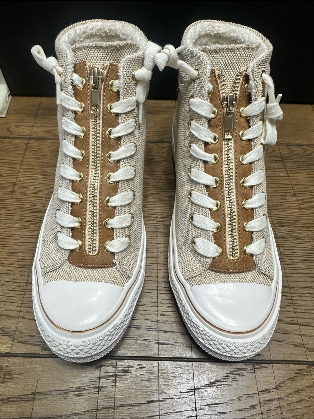 Yellowbox Brand Canvas High-Top Sneakers with Front Zip - Natural NEW US 6.5 W